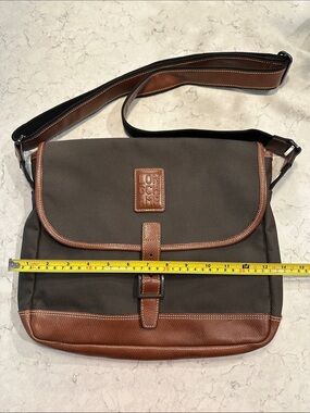 Longchamp Olive/Black Canvas and Tan Leather Messenger Bag with Leather Trim